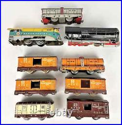 9-piece Early Vintage Hafner Wind-Up Tin Litho Toy Trains 2 Engines & 7Cars