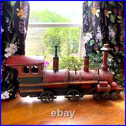 Vintage Wood and Metal Steam Locomotive Toy Model Train with Conductor Red Rare
